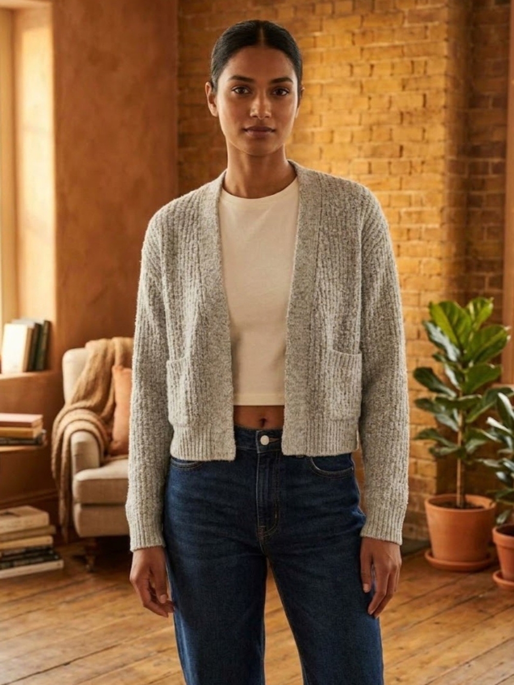Calvin Klein Jeans Light Gray Cropped Knit Cardigan
